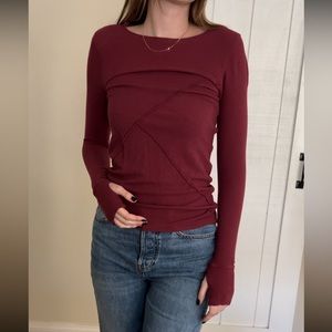 Free People Movement Waffle Knit Red Long Sleeve Top Size S